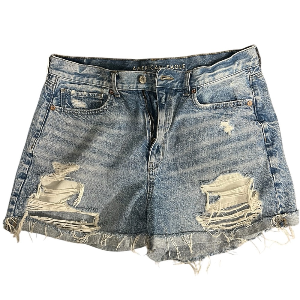 American Eagle Women's Blue Distressed Denim Mom Shorts (Size 12)